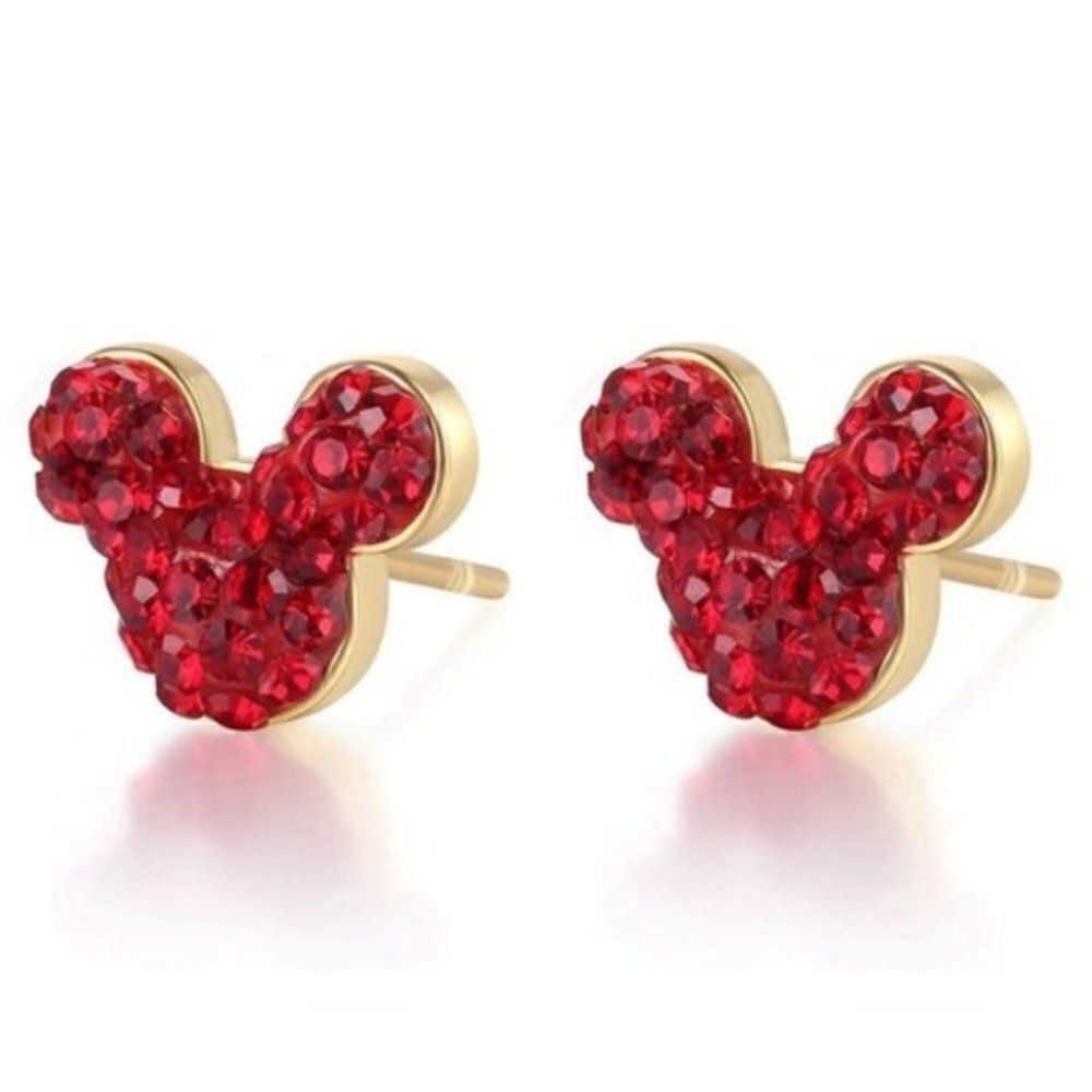 18K Yellow Gold and Ruby Red Crystal Mickey Mouse Post Back Stud Earrings